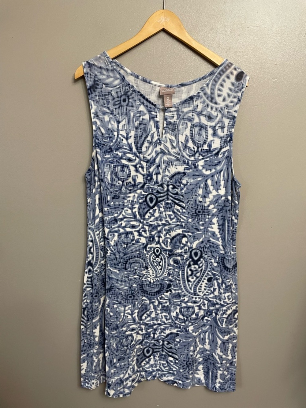 Chico's size 2 Large Sleeveless Pattern Mini Dress paisley blue white coastal